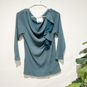 Anthropologie Teal Blue Ruffle Cowl-Neck Top